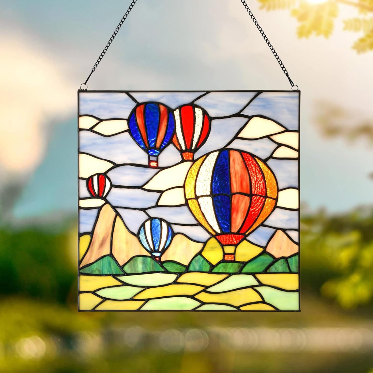 PA0002 Stained Glass Hanging Panel-12 Wx12 H Window Suncatcher Window Décor Tiffany Style Wall Décor Hanging Art,Hot Air Balloons.