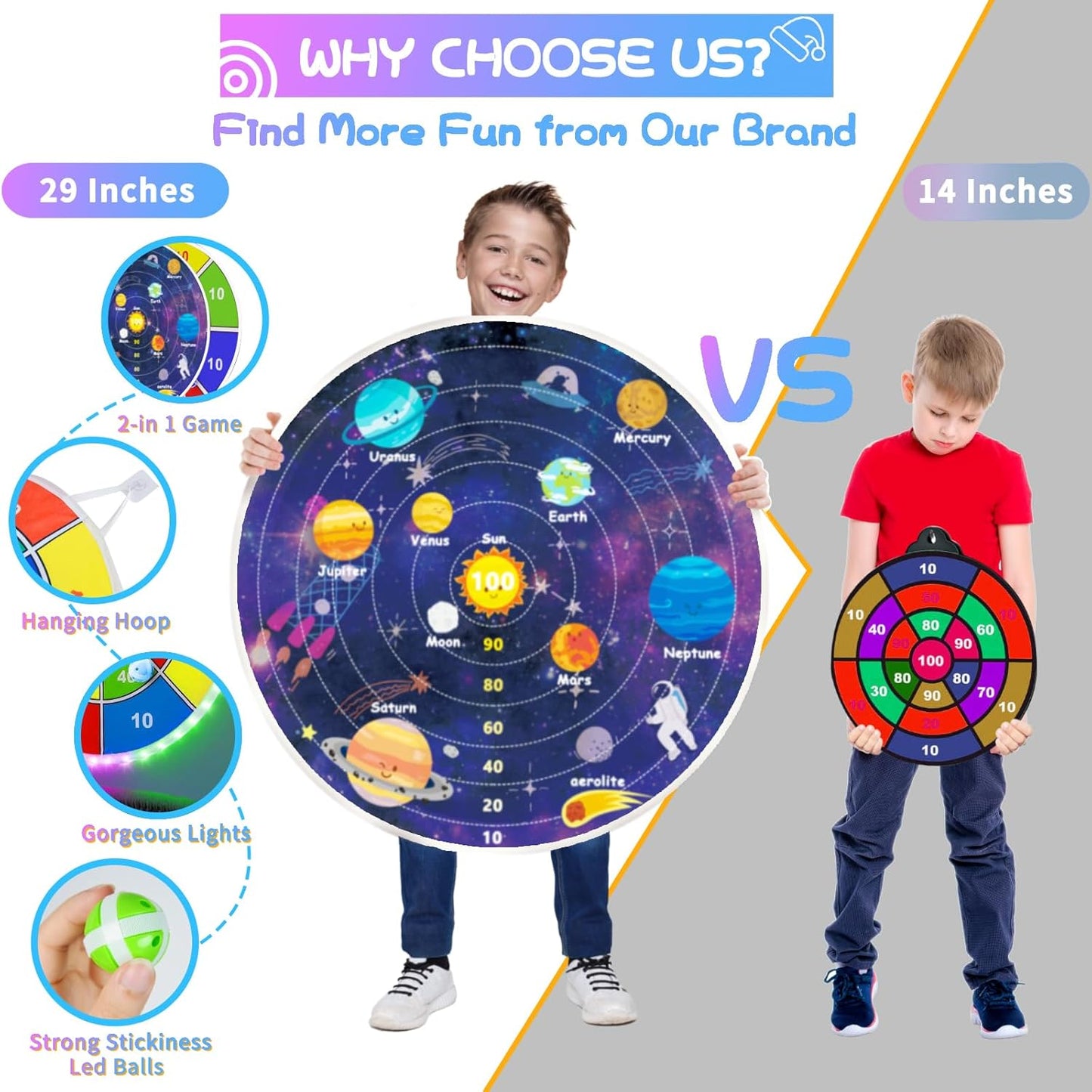 2 in 1 29" Large LED Dart Board for Kids 8-12 Games with 12 LED Sticky Balls, Indoor & Outdoor Games for Kids 8-12, APP Control Board Games for Kids