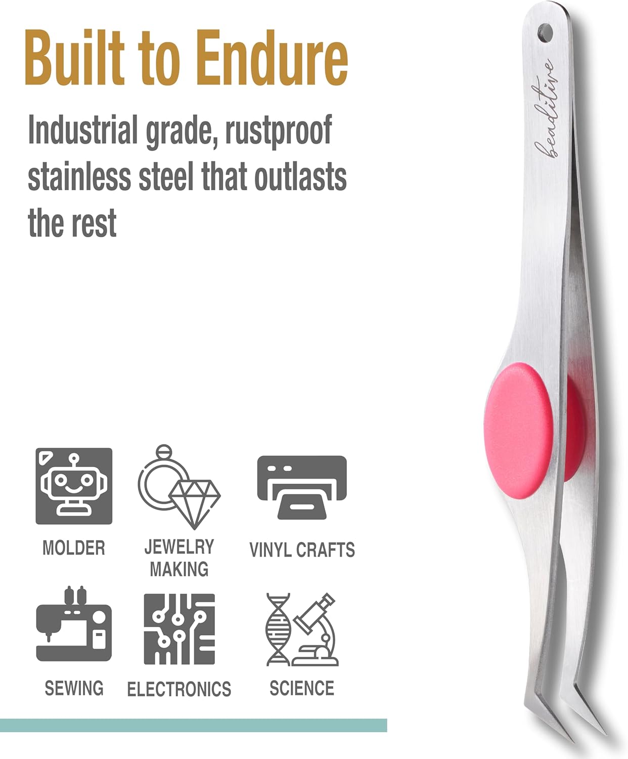 Beaditive High Precision Angled Tip Tweezers with Cushion Grip - 4.7" Craft Tweezers for Sewing, Beading & DIY Crafts - Non-Serrated Jewelry Tweezers with Fine Angled Tips - Stainless Steel (Fuchsia)