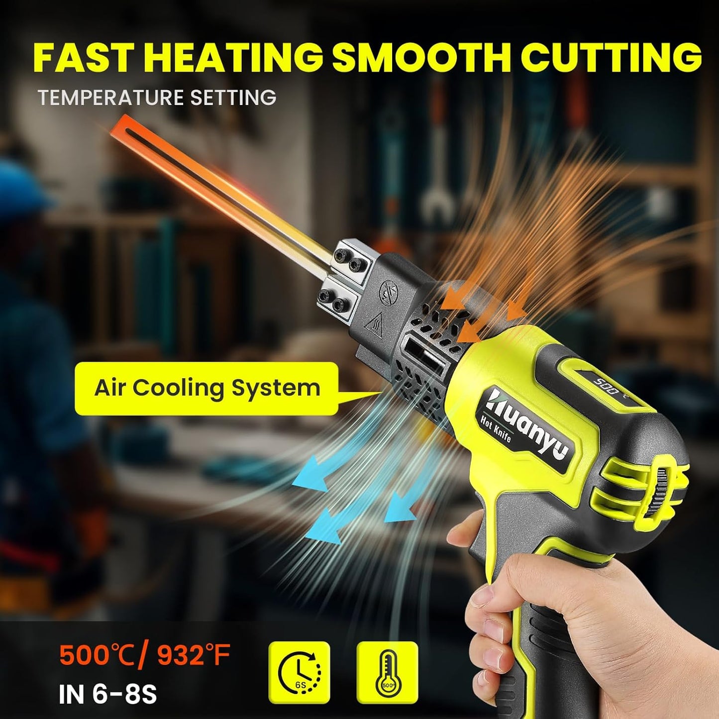 Huanyu Cordless Hot Knife with Temperature Display 100W Max 500℃ 3.0Ah Battery Powered Air Cooling Cutting Tool 2 Blades 4"+6" Set Electric Hot Knife for Styrofoam, Rope, Fabric, Acrylic