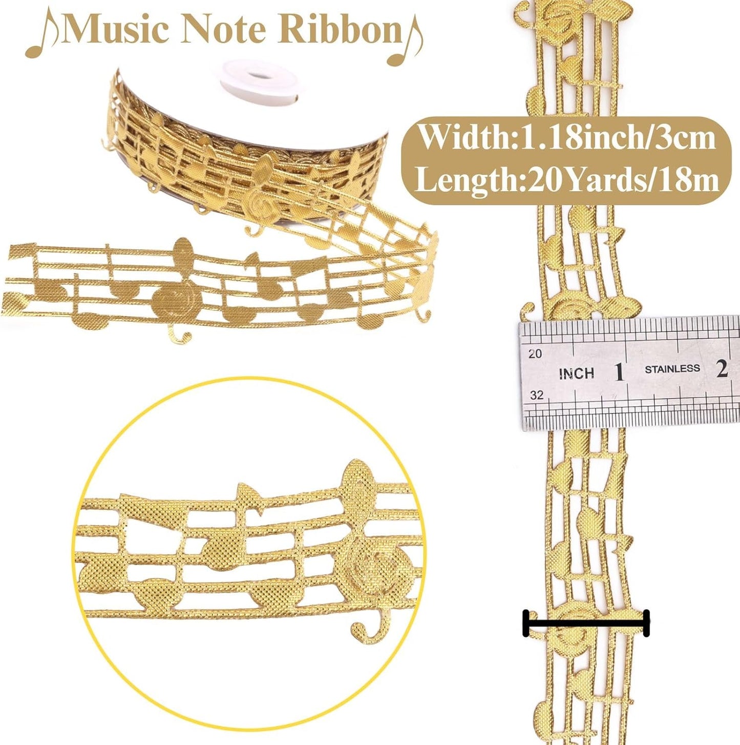 Golden Music Note Ribbon Grosgrain Ribbon Notation Craft Music Accessories Trim for Homecoming Mum Supplies Christmas (20 Yards/Roll)