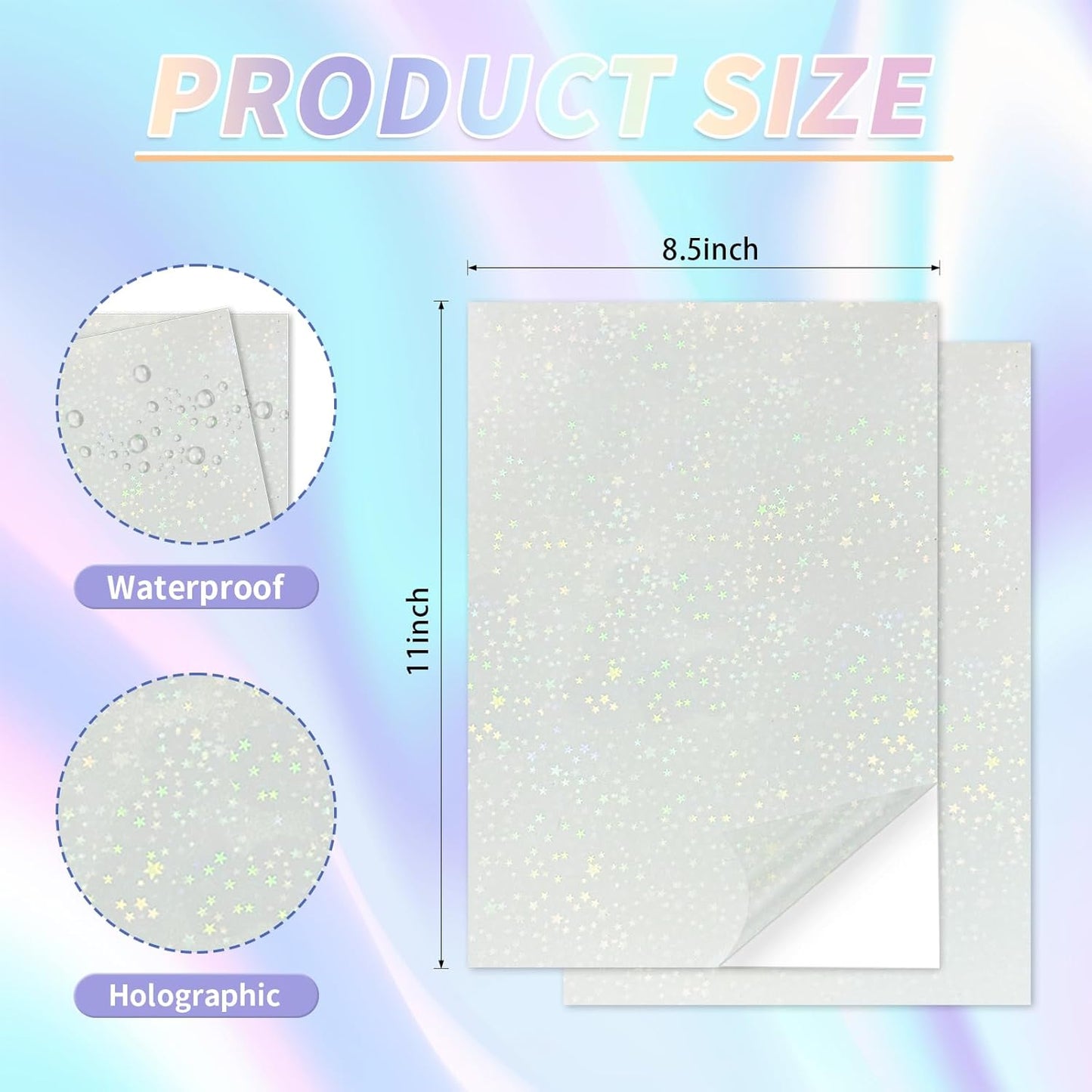 20 Sheets Holographic Sticker Paper,8.5x11 Inch Clear Printable Vinyl Sticker Papers,Self-Adhesive Waterproof for Inkjet/Laser Printer（Clear Five-Pointed Star）