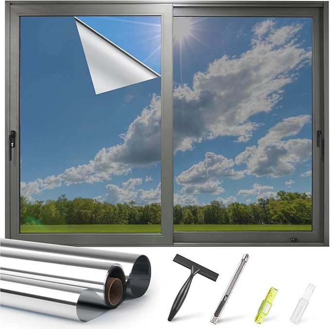 Kromapolis One Way Window Privacy Film Reflective Mirror Home Window Tint, Daytime Privacy Heat Control Anti UV Glass Tinting Static Cling (Silver, 23.6 x 78.7 inch)