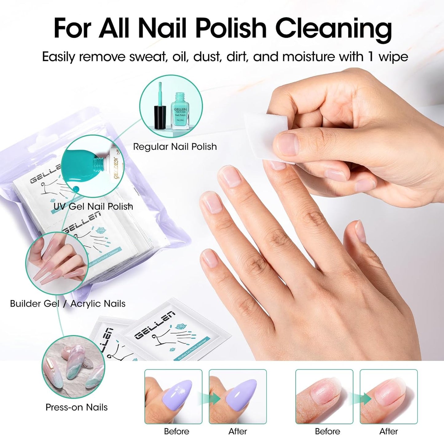 Gellen 100 Pack Gel Polish Remover and Nail Cleanser Pads, Acetone Nail Polish Remover Pads, Alcohol Wipes for Nails, Quick & Easy Removal, Individually Wrapped Travel Set for Perfect Nail Art