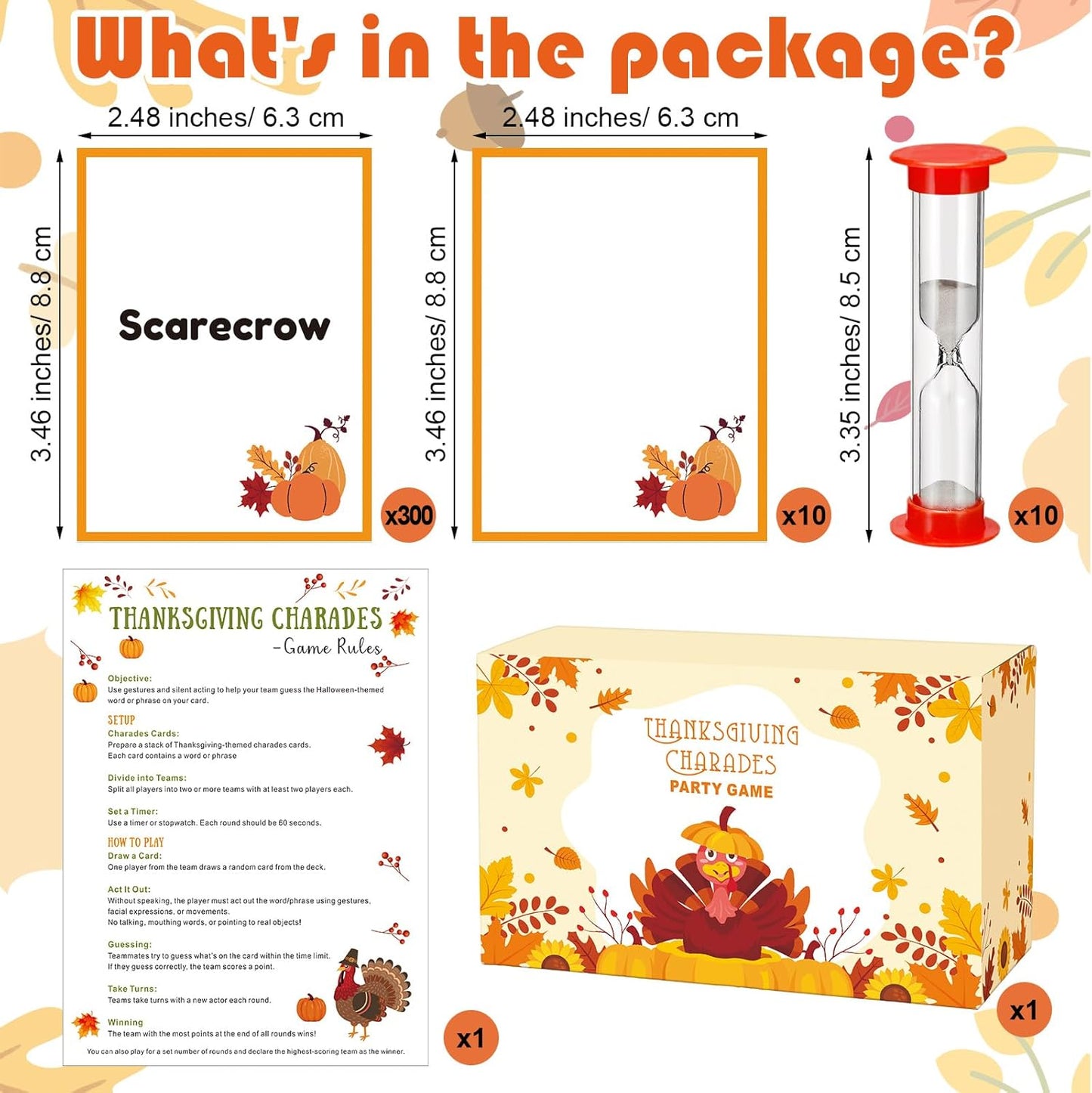 Yexiya Thanksgiving Charades Game for Family Party - 310 Cards with 1 Min Sand Timer & Blank Cards Turkey Day Family Game for Adults Groups