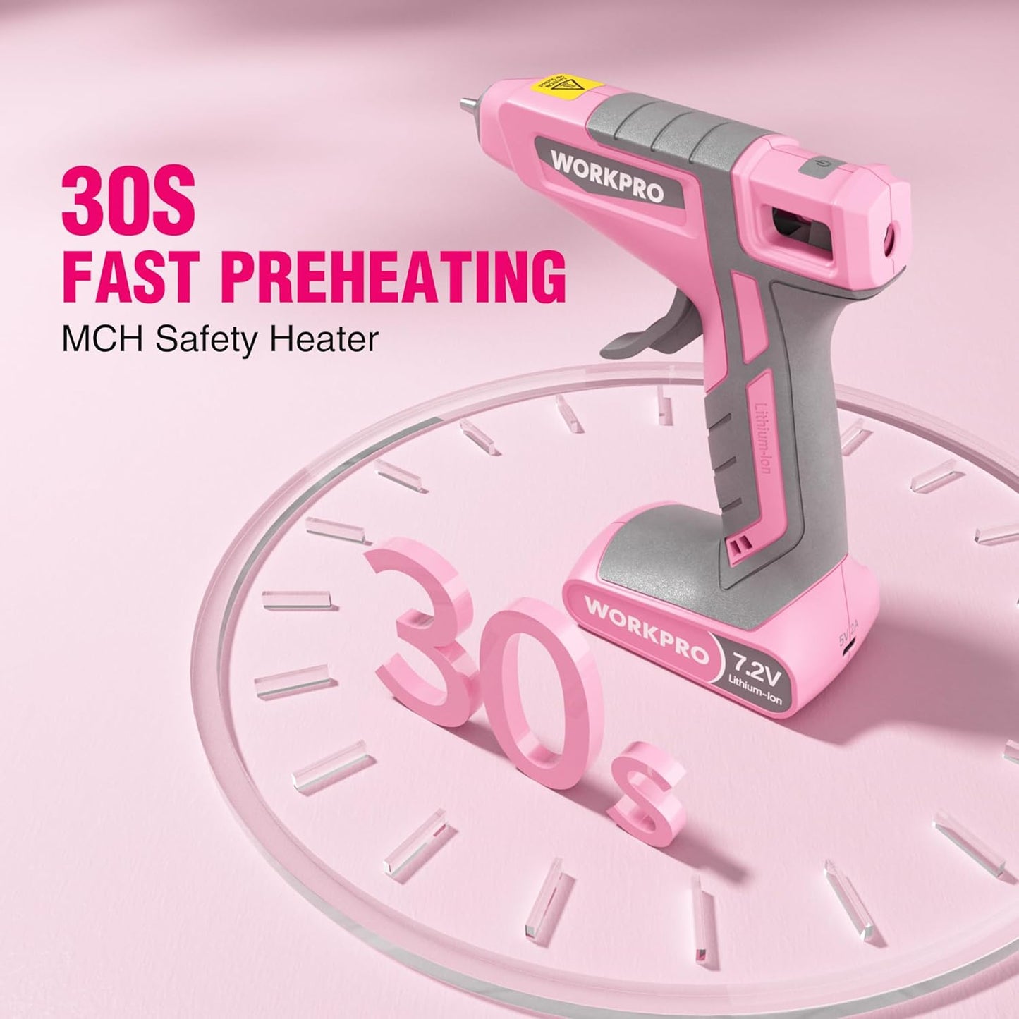 WORKPRO Pink Cordless Hot Melt Glue Gun, 7.2V Rechargeable Fast Preheating Glue Gun Kit with 20 Pc Premium Mini Glue Stick, Automatic-Power-Off Hot Glue Gun for Art, Craft, Decoration - Pink Ribbon