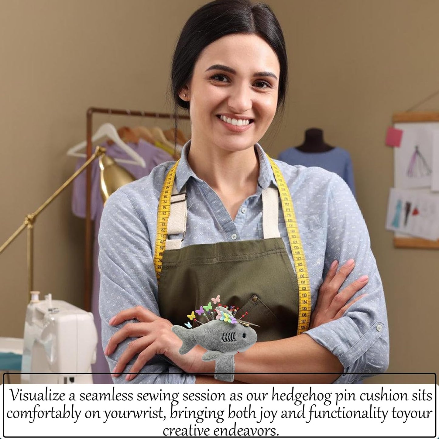 Cute Sharks Wrist Pin Cushion for Sewing with Magnetic, Snap Bracelet Wrist Bands for Pins and Needles Include 50 Lovely Butterfly Straight Pins.