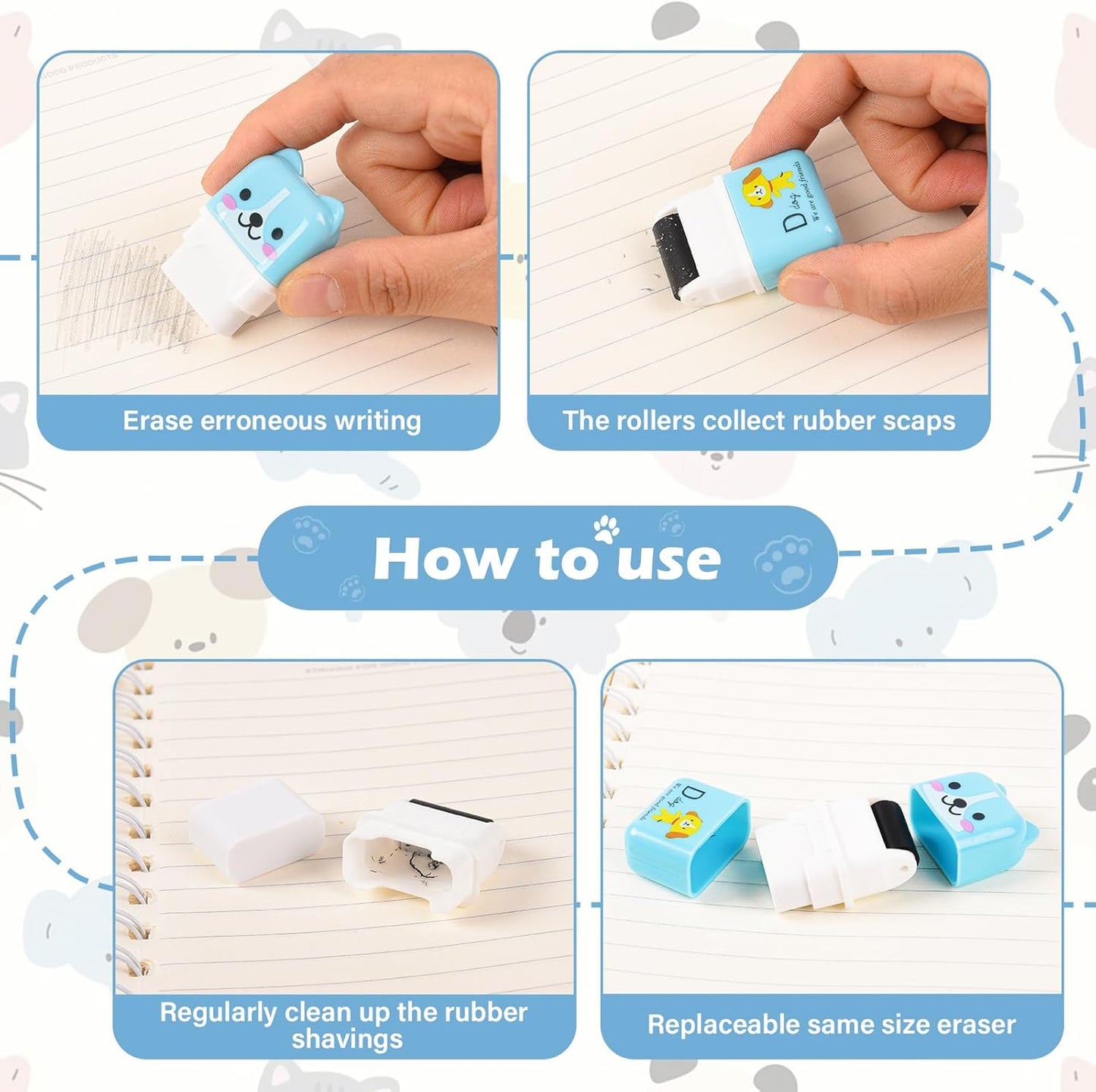 24 Pcs Cute Eraser for Pencils Cute Animals Eraser with Cover and Clean up Roller Kawaii Erasers for Kids Fun Erasers Back to School Supplies Kid Party Favors Gift