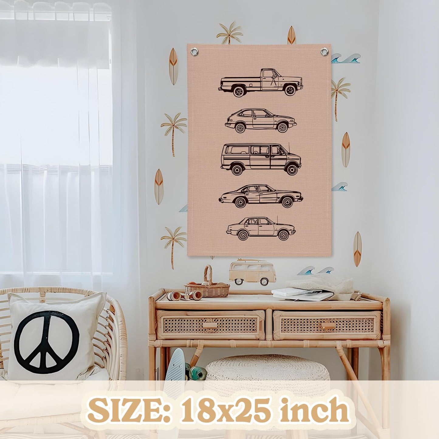 Toddler Boy Room Decor,Cars Room Decor for Boys,Vintage Car Wall Hanging Flag Banner for Bedroom,Playroom Nursery 18x25 Inch