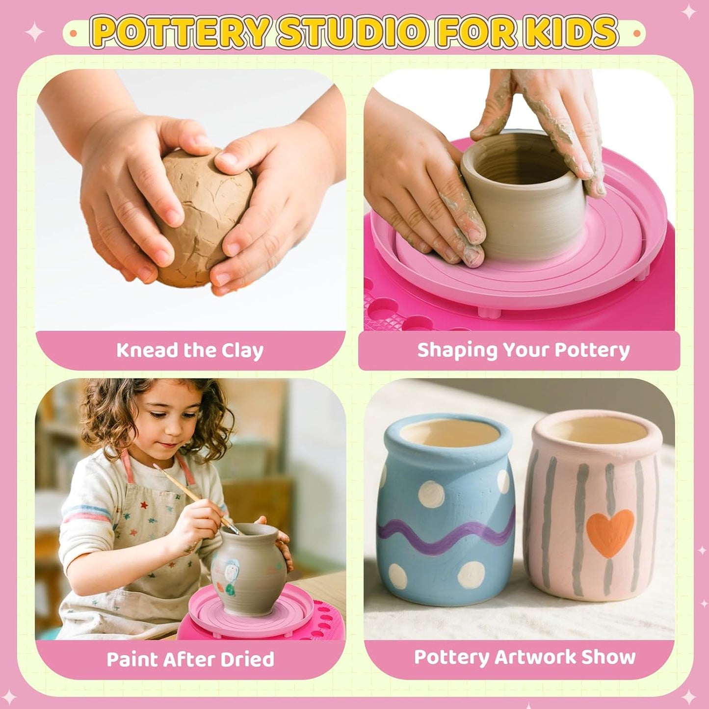 Pottery Wheel for Kids– Complete DIY Pottery Painting Kit for Ages 8-12 Beginners with 4 Air-Dry Clay Packs and Tools, Arts & Crafts Supplies Toys Birthday Gift for Boys Girls 6+ Years Old (Pink)