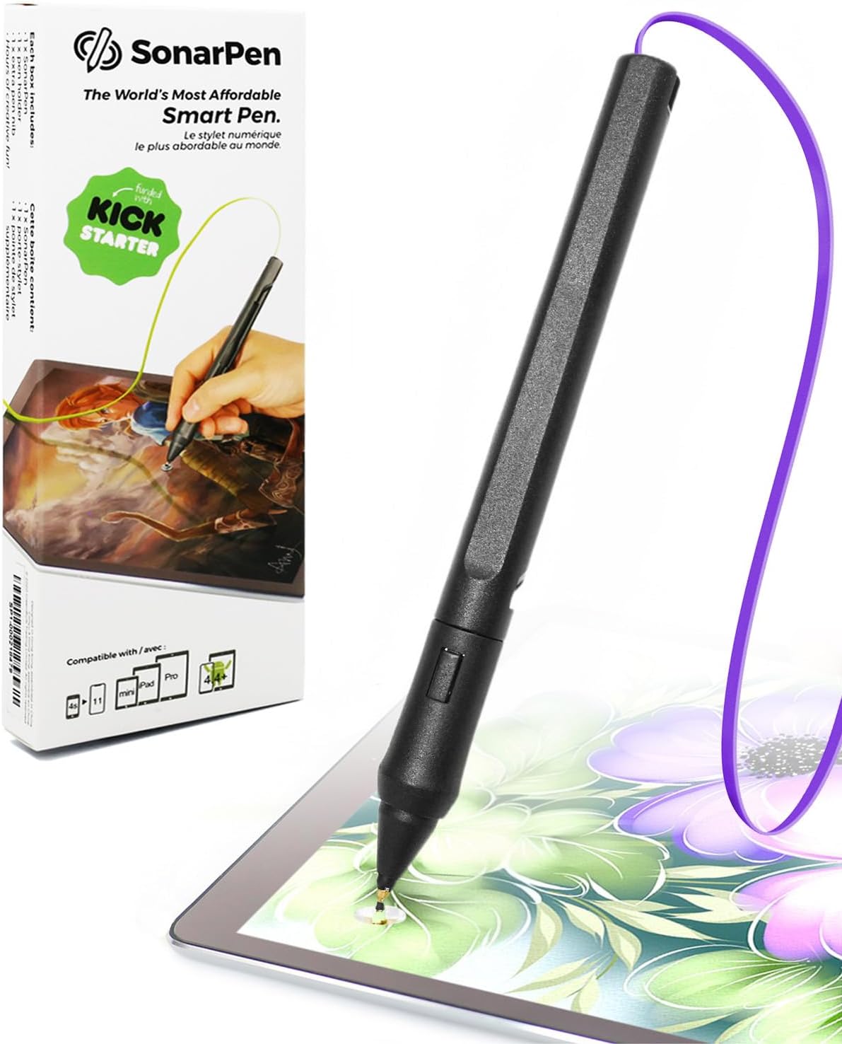 SonarPen - Pressure Sensitive Smart Stylus Pen with Palm Rejection and Shortcut Button. Battery-Less. Compatible with Apple iPad/iPhone/Android/Switch (Purple)