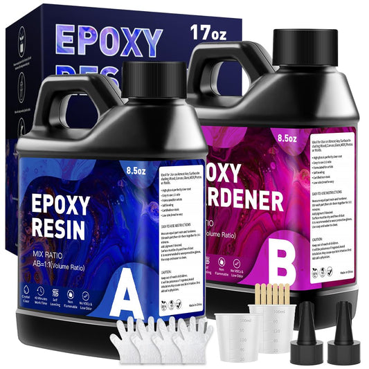 Epoxy Resin 17OZ, Crystal Clear Epoxy Resin Kit, Not Yellowing, Bubble Free, Self-Leveling, Coating & Casting for Jewelry Making, DIY Art Crafts, Molds, Beginners, Starter Kit (8.5OZ x 2)