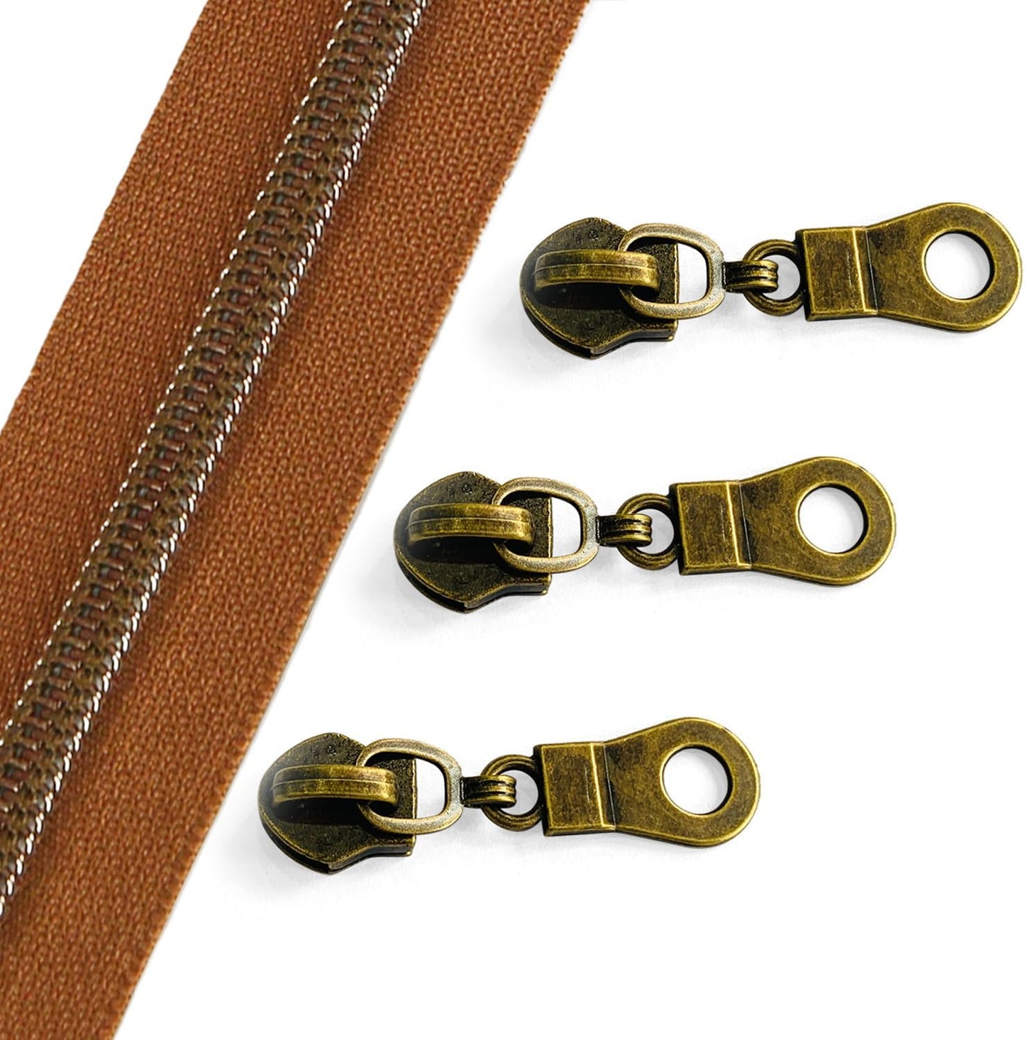 Sawoake 10 Yards Bulk Zipper(#5), Brown Nylon Coil Zipper with Rose Gold Teeth by The Yards, Replacement Sewing Zipper with 10PCS Zipper Sliders for DIY Sewing Craft Bags(#5 AntiqueBrass Brown)