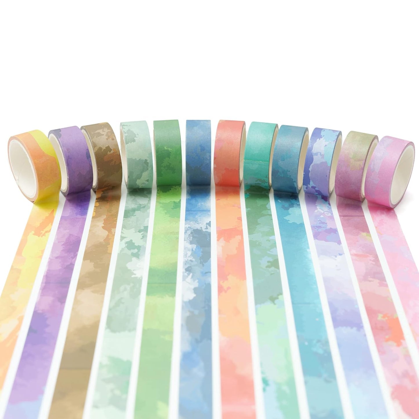 YUBX Watercolors Washi Tape Set 12 Rolls Pastel Colors Masking Macaron Graphic Decorative Tapes for Arts, DIY Crafts, Journals, Planners, Scrapbook, Wrapping