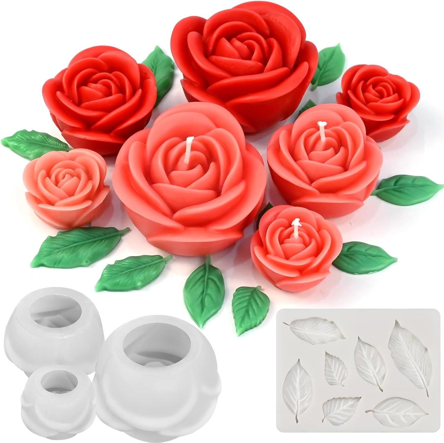 Rose Candle Molds, 4 Pcs Set of Large + Medium + Small 3D Rose Flower Silicone Molds with Leaf Mold for Candle Making, Epoxy Resin Casting, Wax Soap Clay Plaster Home Décor Handmade Gift