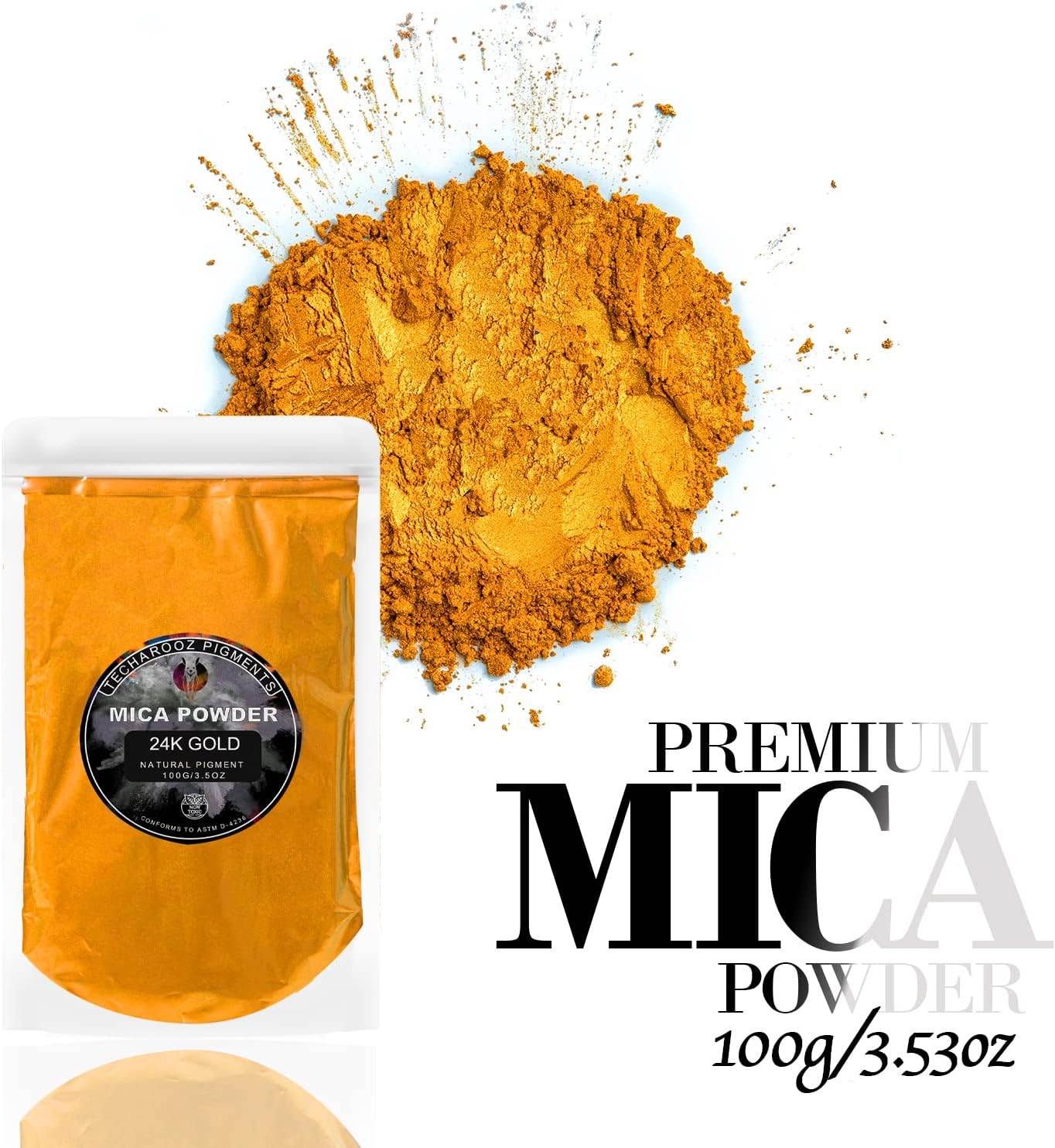 24K Gold Mica Powder Epoxy Resin, 100g/3.5oz Sealed Bag – TECHAROOZ Color Pigment for Lip Gloss, Soap Colorant for Soap Making, Gold Powder for Kintsugi Pottery, Metallic Epoxy, Slime Dye