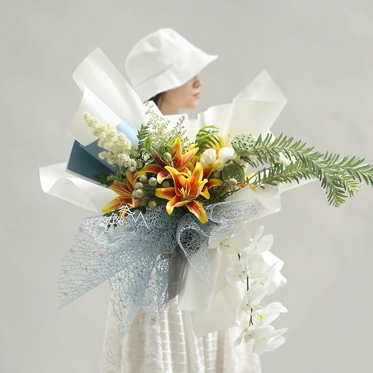 Korean Jacquard Net Mesh Openwork Floral Wrapping Paper 1 Roll Florist Supplies Flower Bouquet Wrapping Paper Floral Supplies for Fresh Flowers, 50cm x 5 Yard (White)