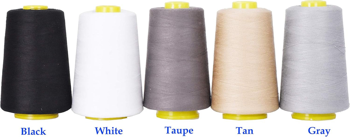 Mandala Crafts 5 Pack of Serger Threads Cones Spools - 40S/2 30000 Yards Polyester Assorted Neutral Colors Threads for Sergers Machine and Overlock Quilting Sewing Machine