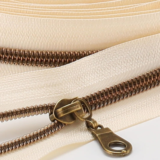 Sawoake 10 Yards Bulk Zipper(#5), Beige Nylon Coil Zipper with Antique Brass Teeth by The Yards, Replacement Sewing Zipper with 10PCS Zipper Sliders for DIY Sewing Craft Bags(#5 Antique Brass Beige)