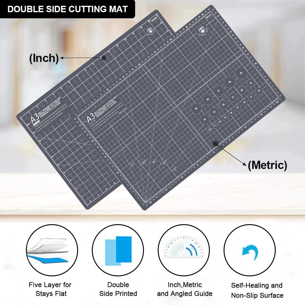 Headley Tools 18"x12" Thickened Self Healing Cutting Mat, A3 Rotary Cutting Sewing Mat for Crafts, Double Sided 5-Ply Table Cutting Board for Fabric Quilting Leather Arts Hobby Project, Grey