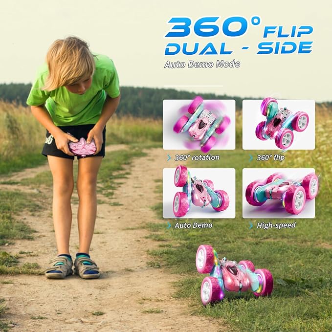 RC Car Pink 4WD Remote Control Car 360° Flip Double‑Sided LED Light Bar & Quick‑Swap USB‑C Modular Battery, 2.4 GHz No‑Interference Popular Outdoor Beach Toy, Popular Gift for Girls Ages 6‑12