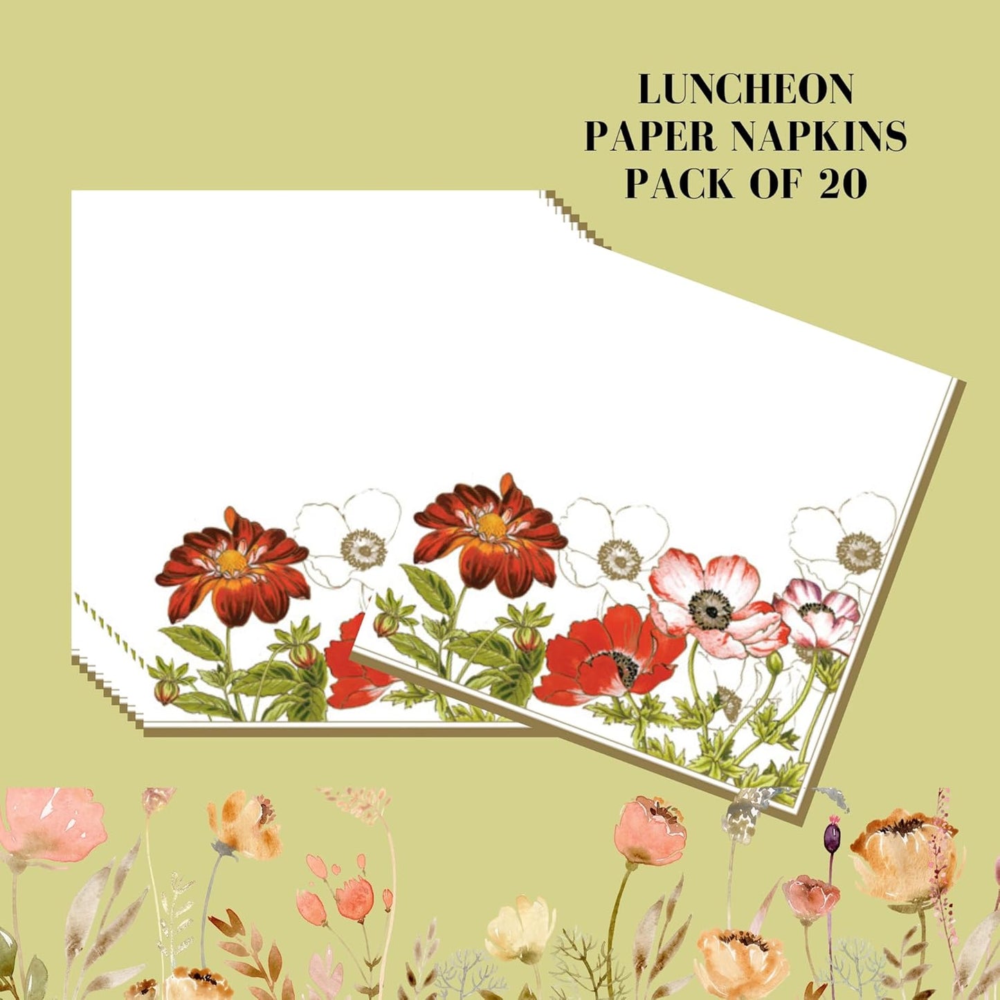 20-ct 13x13 Flowers Paper Luncheon Decoupage Napkins, 3-Ply Servilletas Printed Flower Anemones with Georginia Cocktail Napkin for Art, Dinner and Party, Disposable Napkins Decor