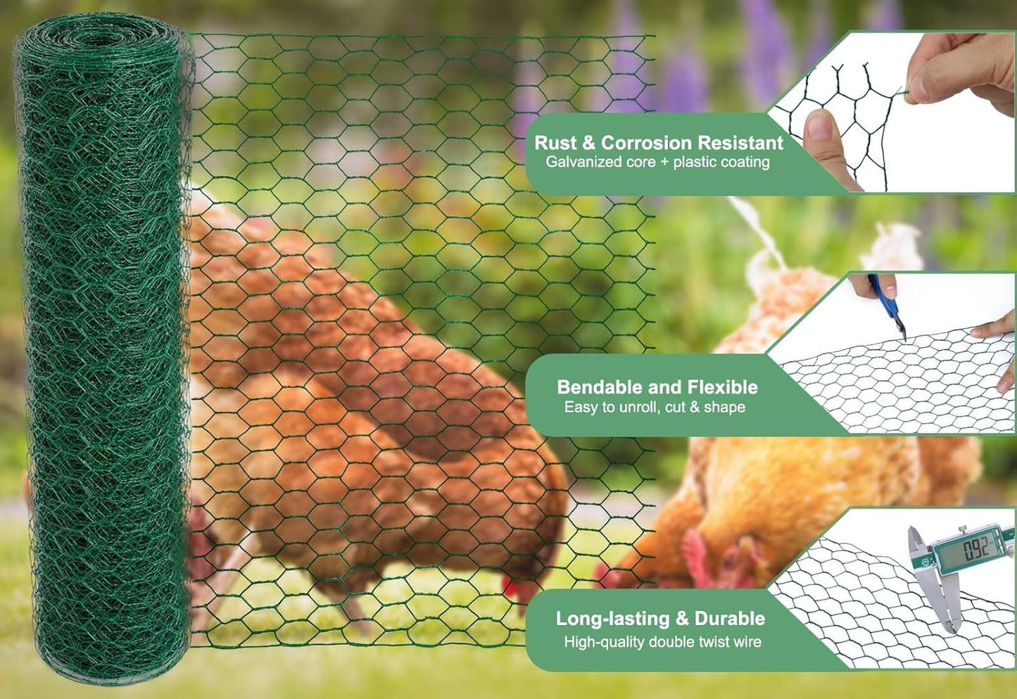 Chicken Wire for Floral Arrangements, 15.7 x 157 Inches Green Mesh, 0.6 Inch Hexagonal Galvanized PVC Coated Netting Fence for Crafts, Poultry, Garden