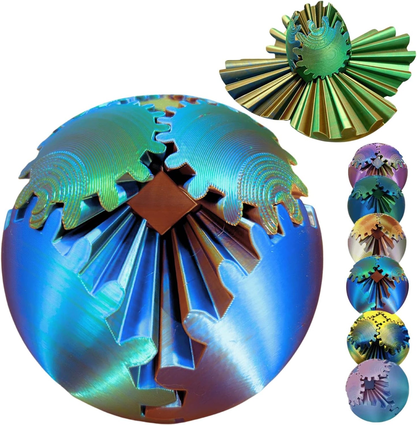 GearSphere 4.2in 3D Printed Gear Sphere Spin Ball Cube Fidget Toy, Stress Ball, Desk Toy for Anxiety Relaxing (Laser Blue Gold)