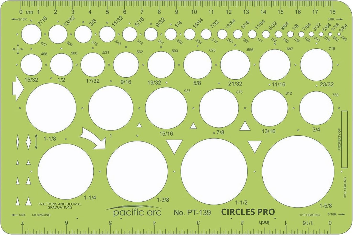 Pacific Arc Circle Template - 55 Shapes from 3/64” to 1.625" - Drawing Aid Stencil for Professional or School Work - Size 6.375" x 9.75"