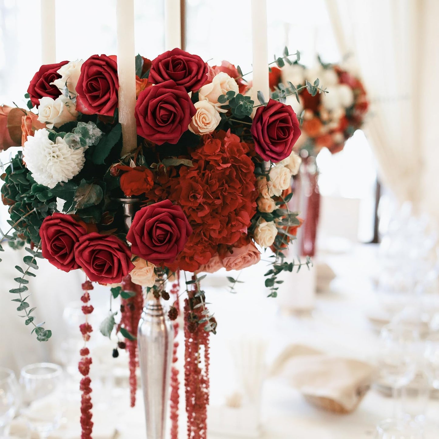 Artificial Flowers Foam Fake Roses 25pcs Red Roses with Stems for Home Decor DIY Wedding Bouquets Party Bridal Shower Centerpieces Faux Flower Arrangements Tables Decorations