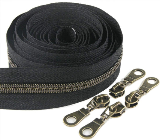 Leekayer #5 Antique Brass Metallic Nylon Coil Zippers by The Yard Bulk 10 Yards Black Zipper Tape with 25pcs Brass Sliders for DIY Sewing Tailor Craft Bag (Black)