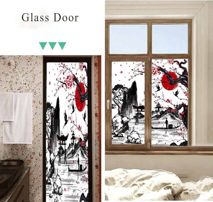 Vintage Japanese Style Decorative Window Film Abstract Ink Japanese Landscape Torii Gatekids Blackout Window Film,Cafe Lighted Window Film 35.4Wx78.7L-Inch X2Pcs