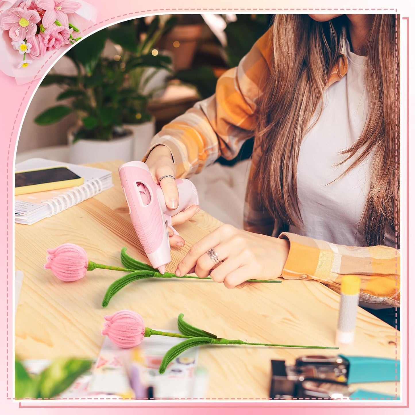 HairChrysm 250Pcs Pipe Cleaners Craft with 20Pcs 11.8in Flower Stems,100Pcs Flower Stamens,2Pcs Floral Tape,1 Roll Ribbon for DIY Pipe Cleaner Flowers