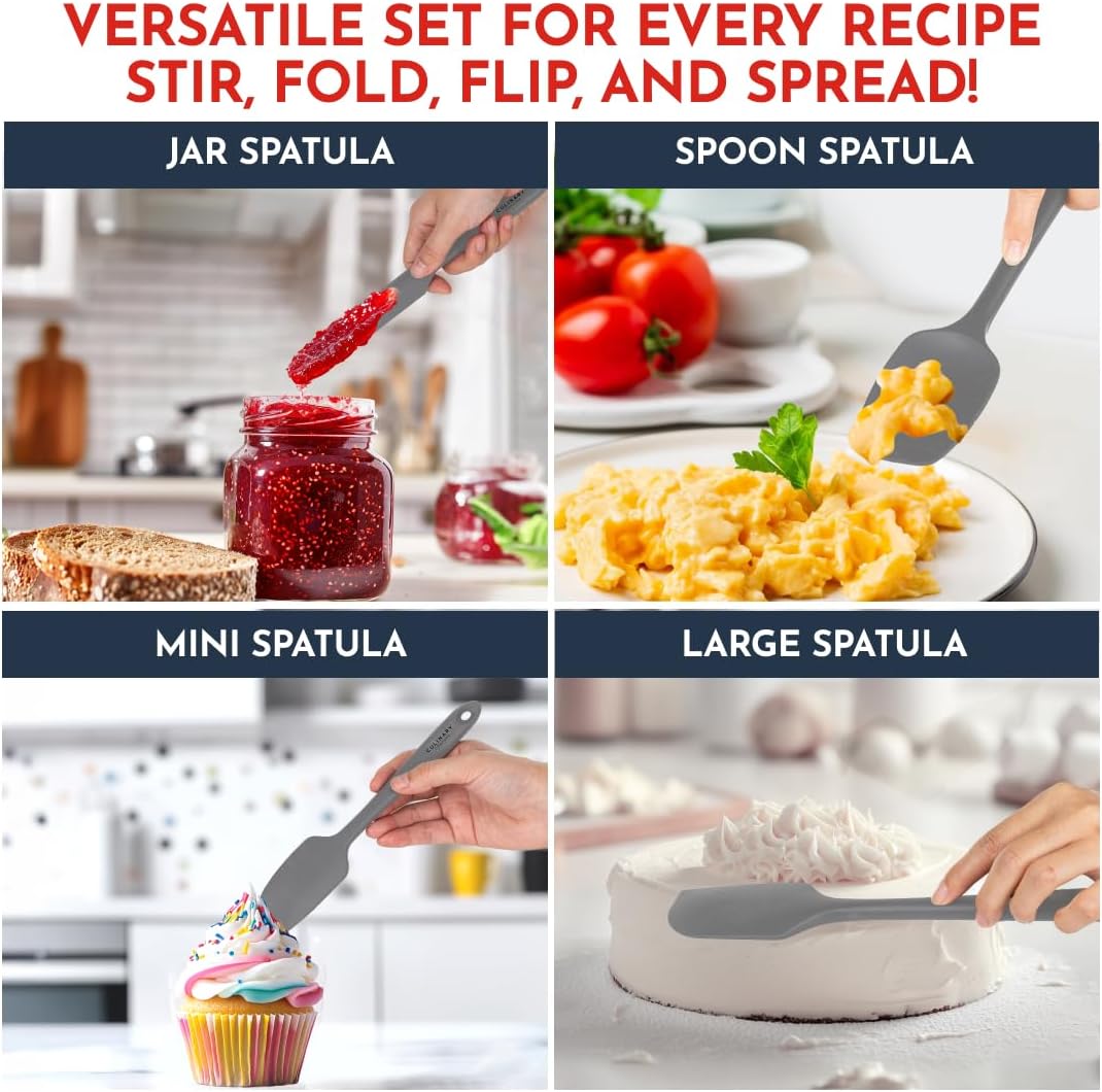 Culinary Couture 4-Piece Grey Baking Spatula Set - Rubber Spatulas Silicone Heat Resistant, BPA-Free - Spatula Set for Nonstick Cookware - Silicone Baking Utensils