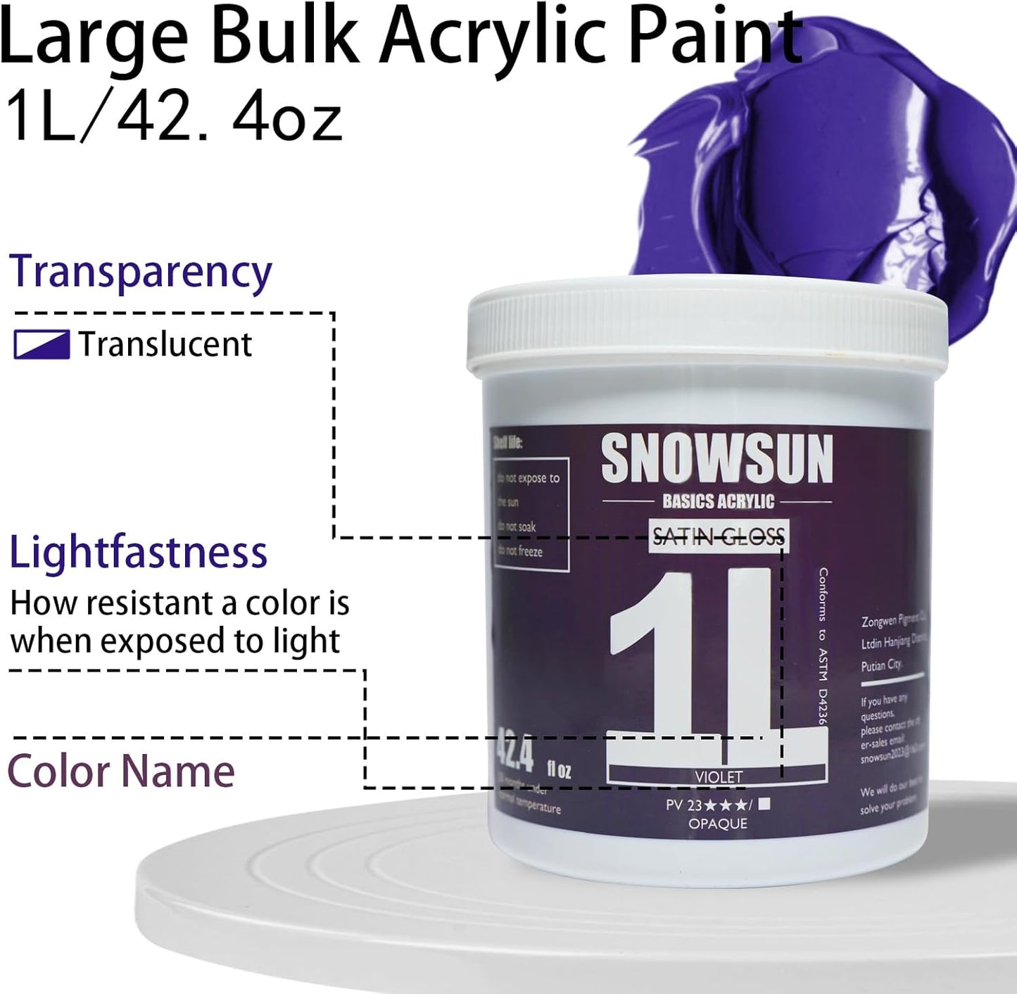 SNOWSUN Acrylic Paints, Large Bulk Heavy Body Acrylic Paint (42.4 oz, 1L) - Non Toxic Gloss Thick Art Paint for Multi-Surface, Canvas Wood Ceramic and Leather, Stone Craft, for Artists & Beginners, Violet
