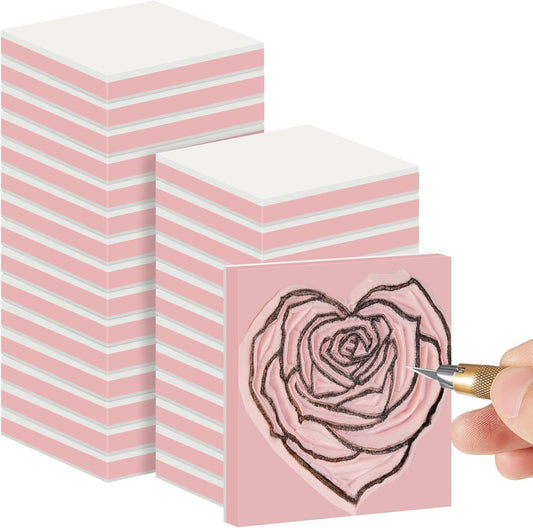 Frienda 24 Pcs 2" x 2" Rubber Carving Blocks Linoleum Blocks for Printmaking, Stamp Making, DIY Crafting, Scrapbook, Painting, Soft and Easy to Carve (White Pink)