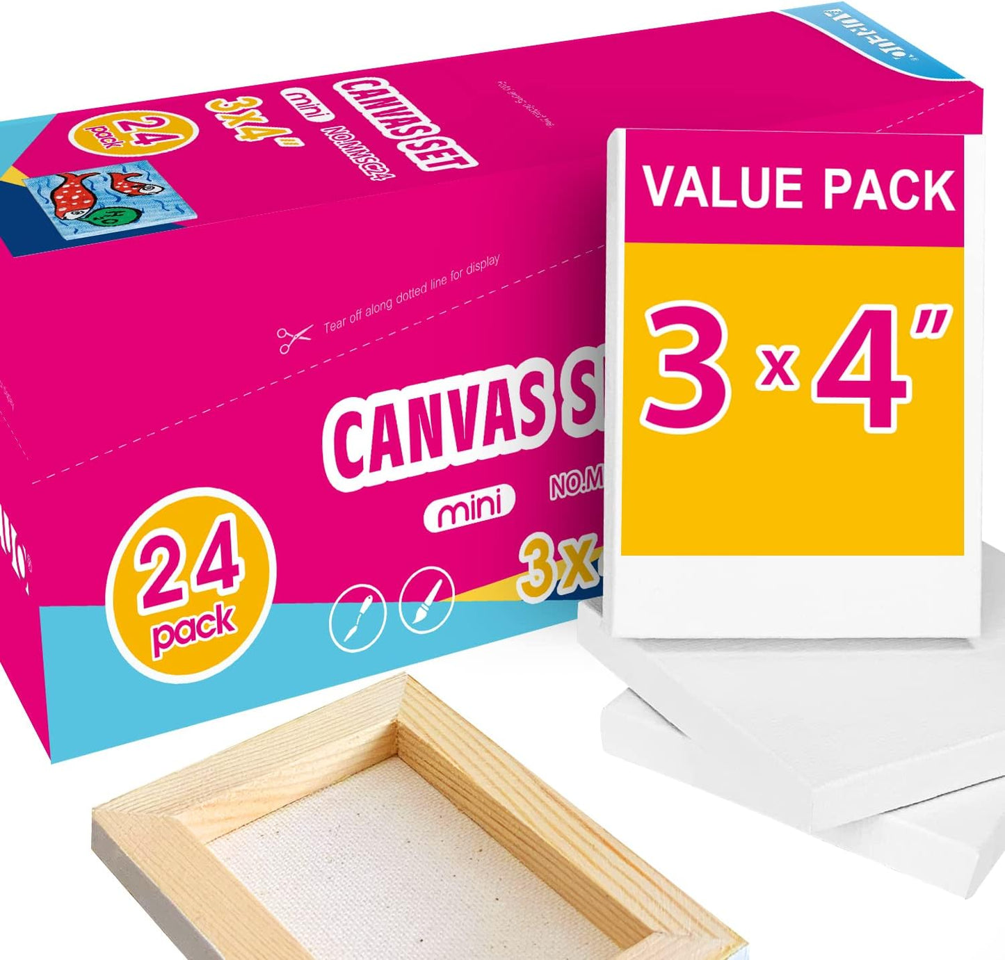 AUREUO Mini Stretched Canvas - 3x4 Inch/24 Pack - 2/5 Inch Profile Small Square Canvas - Gift Set Bulk Pack Canvases for Acrylic Painting & Craft