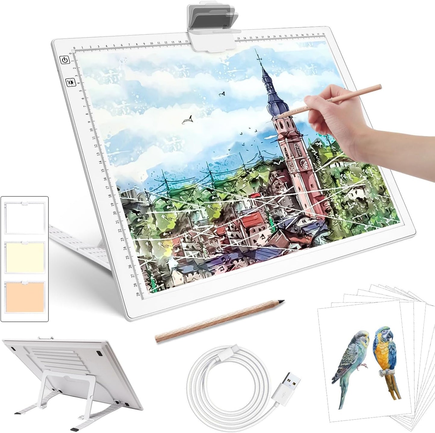 Rechargeable A3 Diamond Art Light Board,Light Pad with Stand and Clip,3 Colors Stepless Dimmable and 6 Levels of Brightness Light Box for tracing,Diamond Painting,Drawing,Sketching(White)