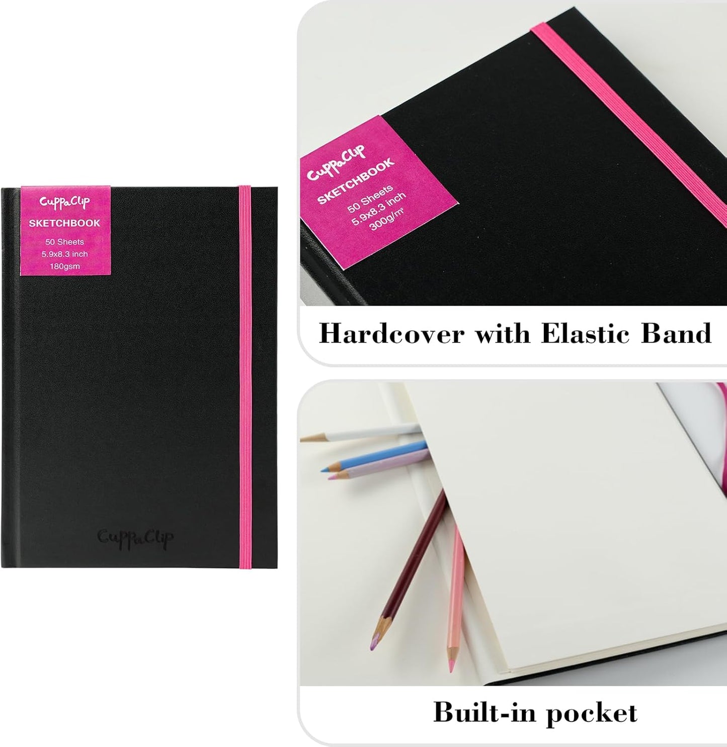 CuppaClip Sketch Book Hardcover Drawing Pad 300GSM Acid-Free Paper Spiral Bound Sketchbook 50 Sheets/100 Pages Art Supplies (Hardcover, 8.3x11.8in)