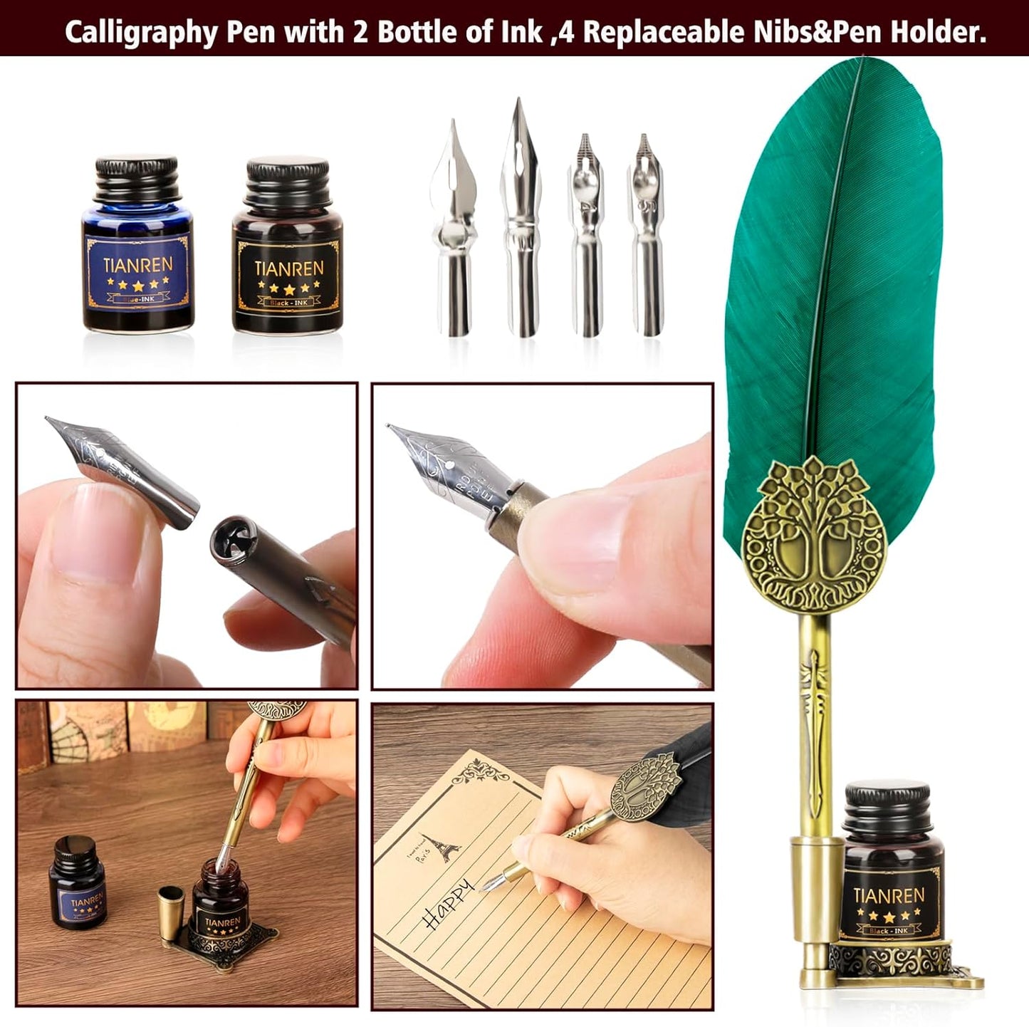 Quill pen ink set,Feather Pen and Ink Set,Antique Calligraphy Pen with 4 Replaceable Nibs,2 Bottle of ink,Feather Dip Pen Holder Christmas Gift for Men&Women.(Green)