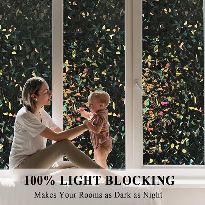 100% Light Blocking Privacy Window Film Blackout 3D Prism Sliding Glass Door Tint Room Darkening Rainbow Static Cling Heat Control Anti UV Removable Cover Decal Contact Paper Home Office,17.5x78.7in.