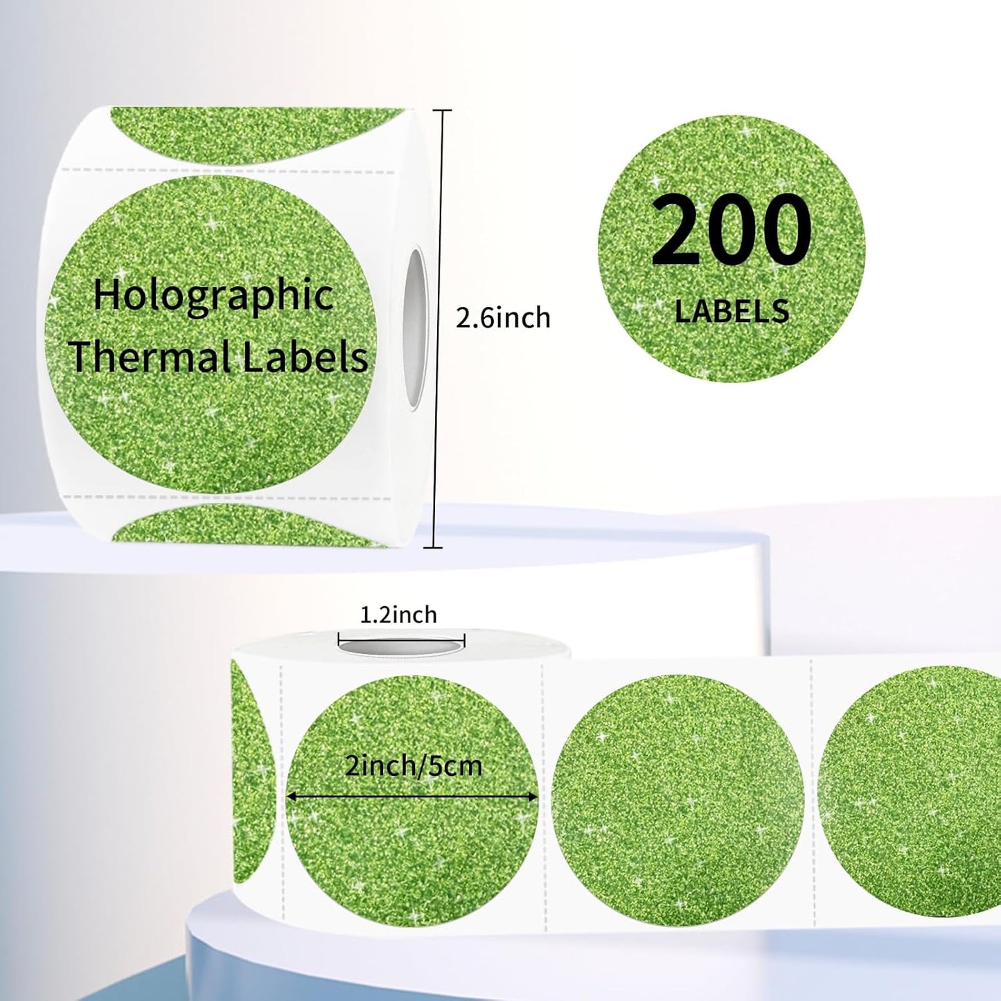 2" Holographic Thermal Label Stickers, Round Direct Thermal Label Stickers, Glitter Thermal Printer Sticker Labels for Gift Wrapping, Self-Adhesive Custom Logo Design-Glitter Green