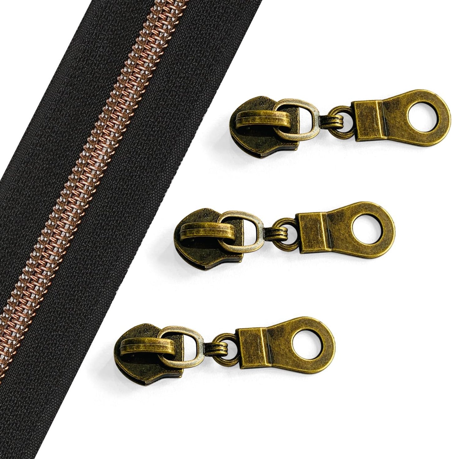 Sawoake 10 Yards Bulk Zipper(#5), Black Nylon Coil Zipper with Antique Brass Teeth by The Yards, Replacement Sewing Zipper with 10PCS Zipper Sliders for DIY Sewing Craft Bags(#5 Antique Brass Black)