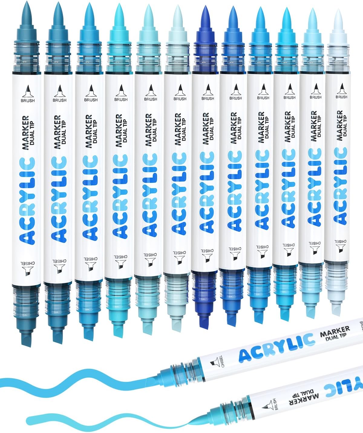 Guangna 12 Blue Dual Tip Acrylic Paint Markers, Brush Tip & Chisel Tip Acrylic Paint Pens for Rock, Wood, Glass, Paper, Coloring Book, Ceramic, Canvas, Water-Based Ink