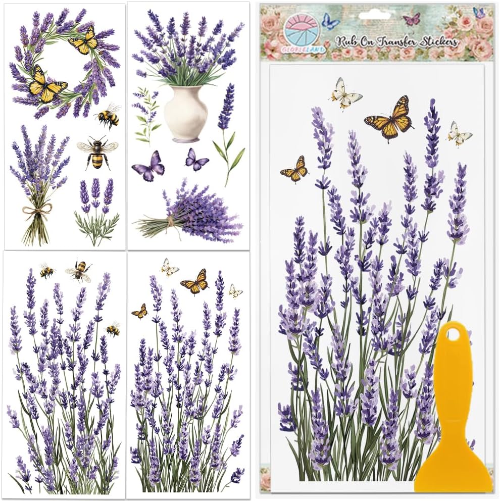 GLOBLELAND 4 Sheets Lavender Furniture Transfer 6x12inch Butterfly and Bee Rub on Transfer Sticker UV Self-Adhesive Wall Art Craft for Bedroom Living Room Desk Table Decoration