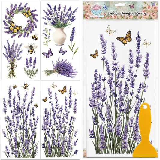 GLOBLELAND 4 Sheets Lavender Furniture Transfer 6x12inch Butterfly and Bee Rub on Transfer Sticker UV Self-Adhesive Wall Art Craft for Bedroom Living Room Desk Table Decoration
