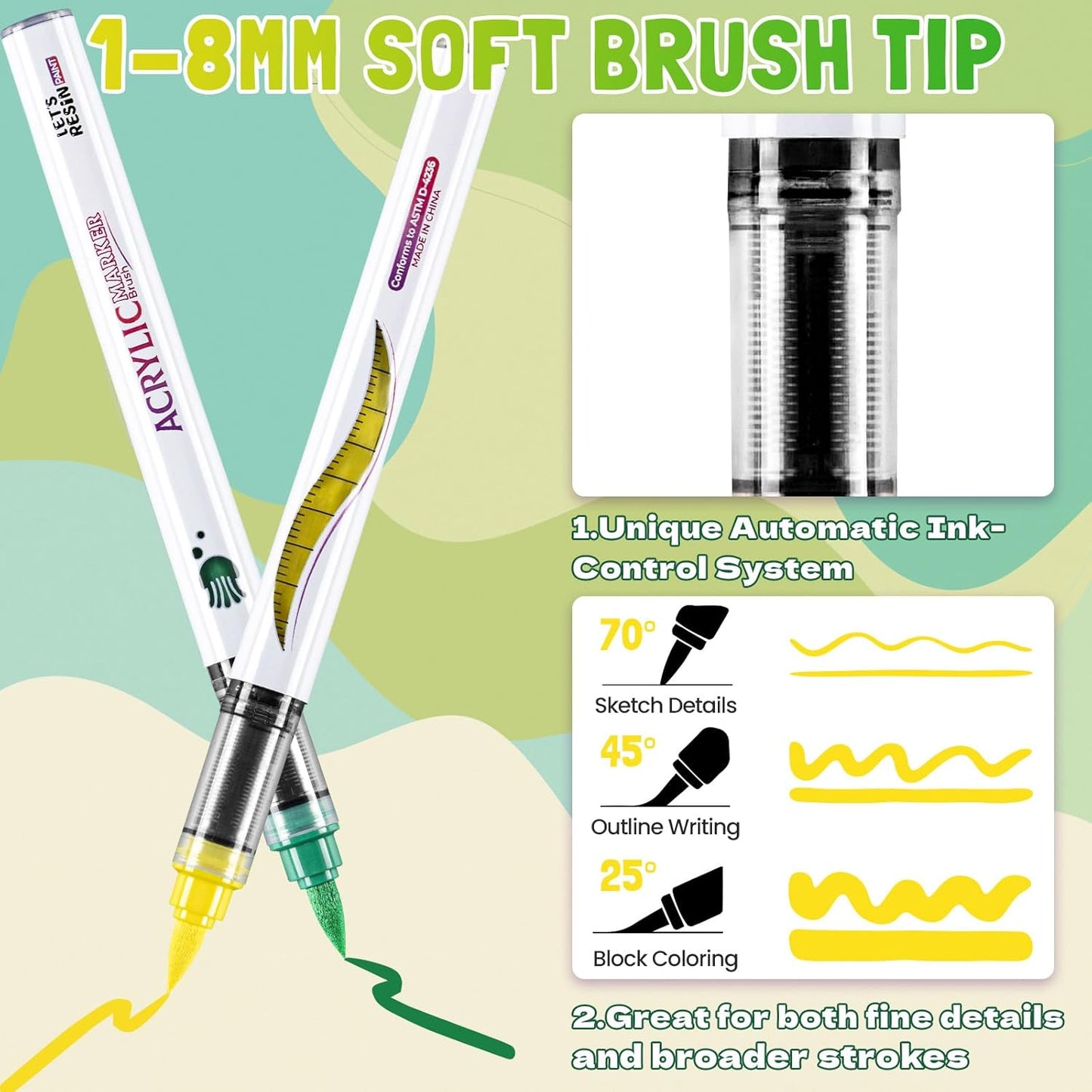 LET'S RESIN PAINT Acrylic Paint Markers Brush Tip 72 Colors,Automatic Ink Control Acrylic Paint Pens,No Bleed & Good Coverage Acrylic Markers for Coloring Books,Rock Painting,Canvas,Ceramic,Wood