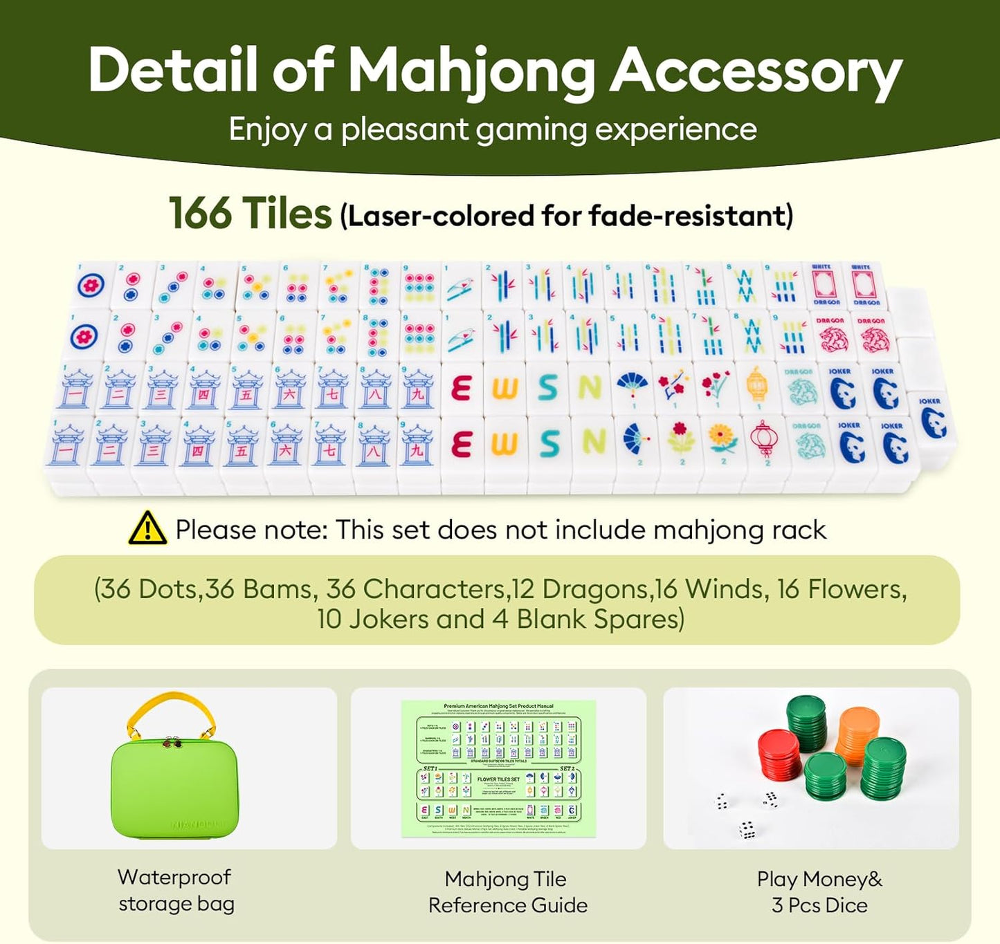 Mahjong Tile Set Equipped with Mahjong Instructions, 166 Quality White Engraved Tiles, 1.2 inch American Mahjong Tiles Set with Carrying Bag/Dice/Chips, Creative Design Patterns, Ideal Mahjong Gifts