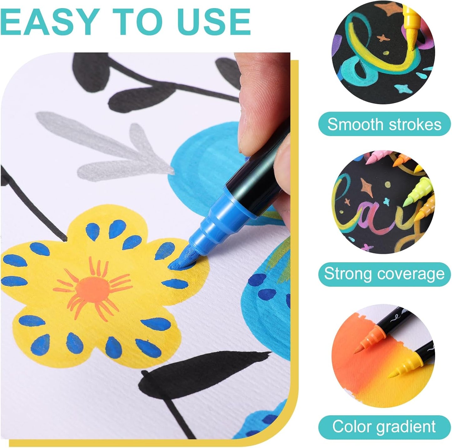 12 Colors Acrylic Paint Markers, Waterproof Dual Tip Acrylic Paint Pens with Brush and Fine Tip, Markers Set for Paper, Rock, Wood, Canvas, Glass, Ceramic and DIY Crafts Making Art Supplies