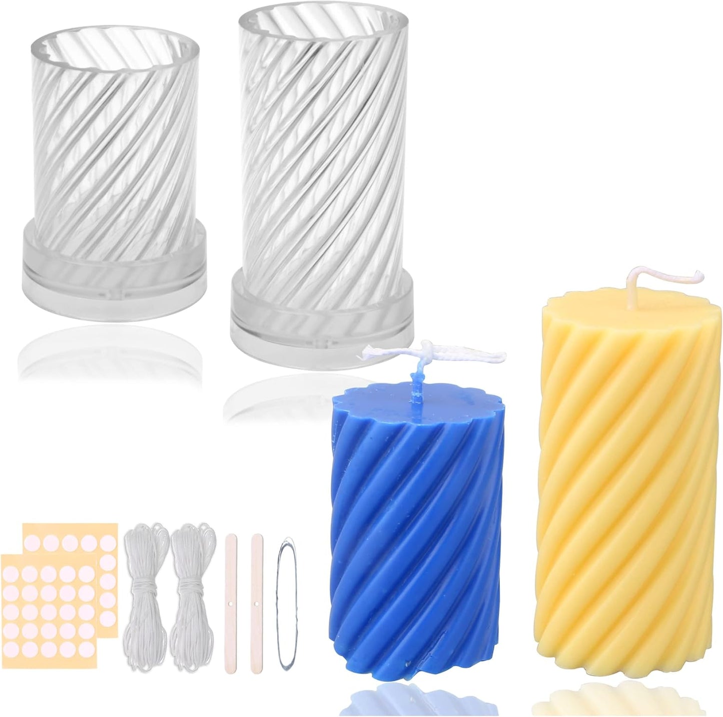 MILIVIXAY 2PCS Spiral Shape Candle Molds - Pillar Candle Molds for Candle Making -Including 60 Ft Wicks,50pcs Wick Stickers, 1pc Wick Leader Wire and 2pc Wick Holders.